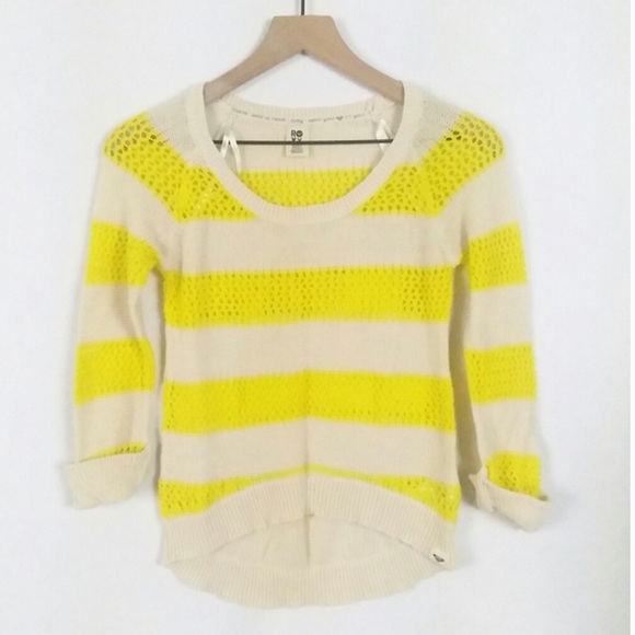 Roxy Striped Knit High Low Sweater White Yellow - Picture 1 of 7